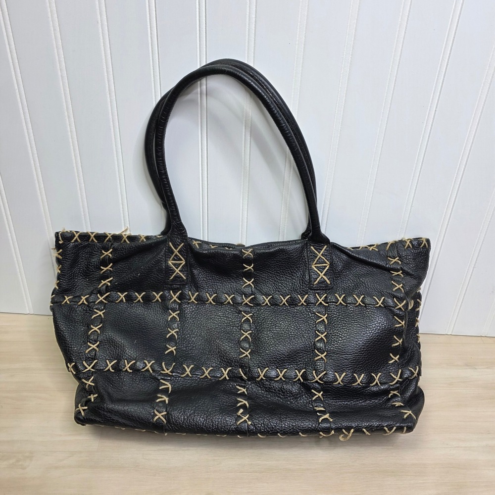 Berge Italy Black Pebbled Leather Tote Bag Contrast Whipstitch Shoulder Bag